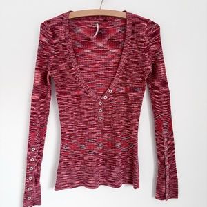 Free People Low V-Neck W/Buttons Stretchy Sweater Top Lightweight